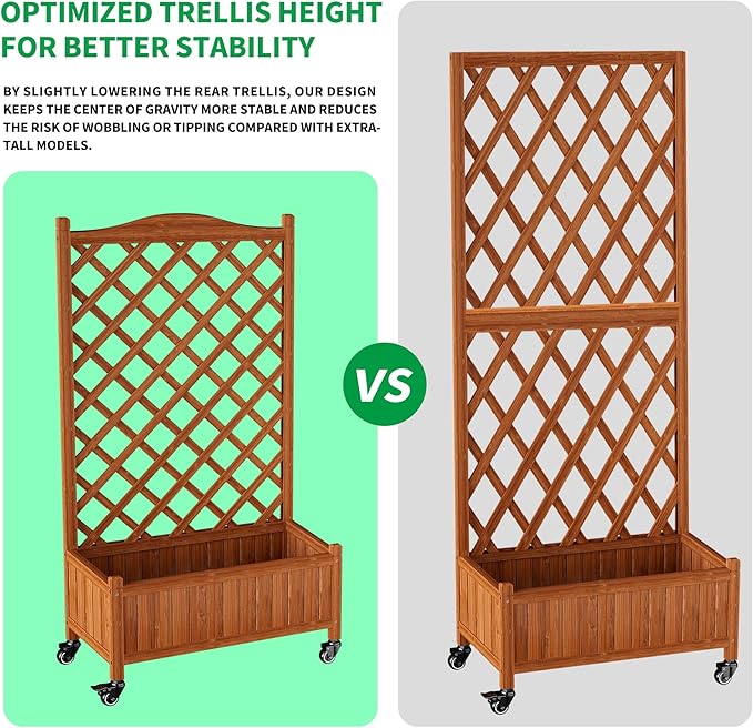Upgraded 2-Pack 50 Tall Trellis Planter Box with Wheels 49.8H × 27.6W × 13.0D Solid Fir Wood Raised Garden Bed &amp Lattice Privacy Screen Rolling Planter with Drainage for Patio/Garden