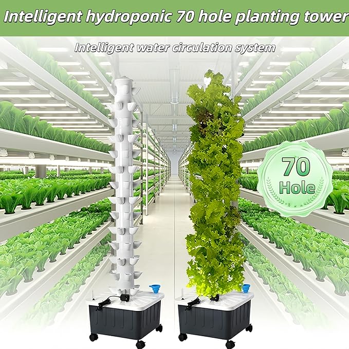 Vertical Hydroponics Growing SystemAeroponic Grow Tower for Herbs Fruits and Vegetables 14 Layer 70 Plants Sites with Movable Water Tank Hydrating Pump Timer Adapter