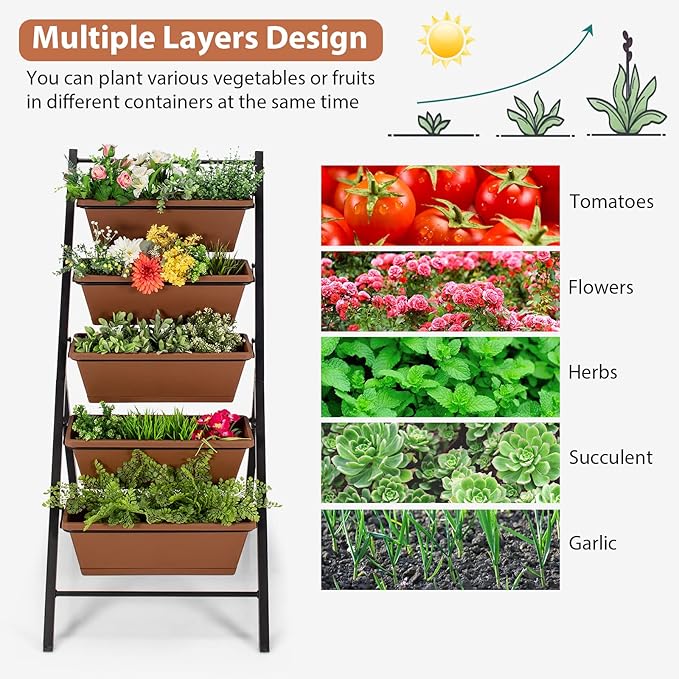 Giantex Vertical Planter Raised Bed Elevated Garden Beds with Water Drainage Hole Freestanding 5 Container Boxes for Herb Vegetables Flowers Growing Outdoor Indoor Patio Balcony (Brown 1)