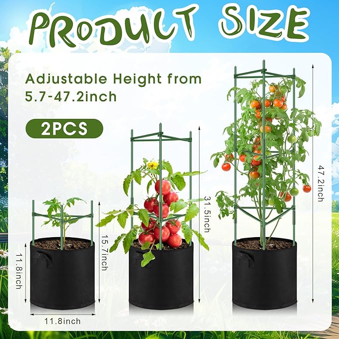 2 Pack 47 Tomato Cages with 10 Gallon Grow Bag Adjustable Tomato Cages for Garden Trellis Pots for Potted Plants Vertical Climbing Vegetables Outdoor Indoor