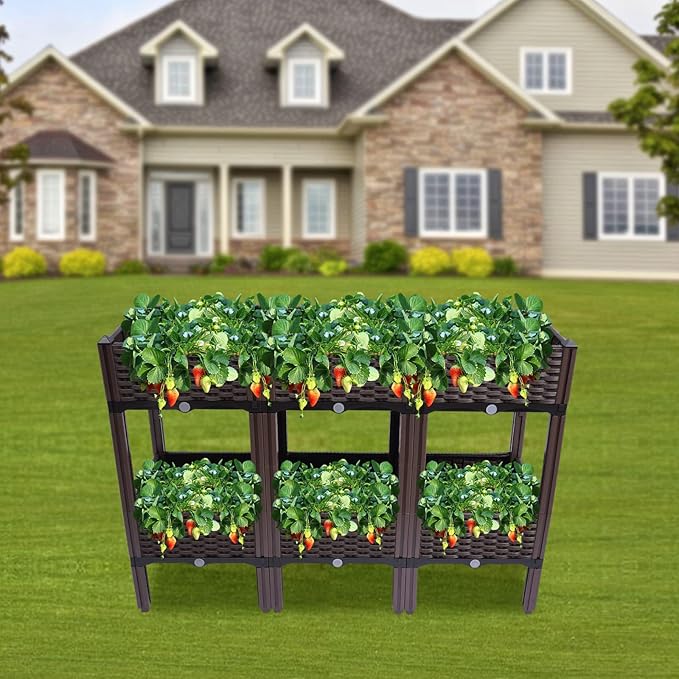 2-Tier Outdoor Raised Garden Bed 47x33.8 Inch Tall Planter Box with 2 Plant Boxes for Vegetable Flower Elevated Reinforced Garden Planters Boxes for Backyard Patio Gardening Balcony (3+3)