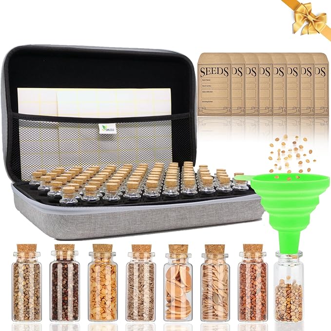 80 Slots Seed Storage Organizer with 40 Seed Envelopes Sturdy Organizer Storage Box with Label Stickers Glass Container for Flower Vegetable Garden Seed Saving (Seeds not Included)