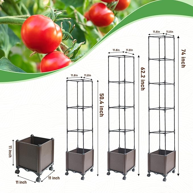 Raised Garden Bed Planter Box with Trellis 62.2 Self-Watering Tomato Planters for Climbing Plants Vine Flowers Outdoor Patio Tomatoes Cage with Trellis Wheels for Outdoor 1Pack