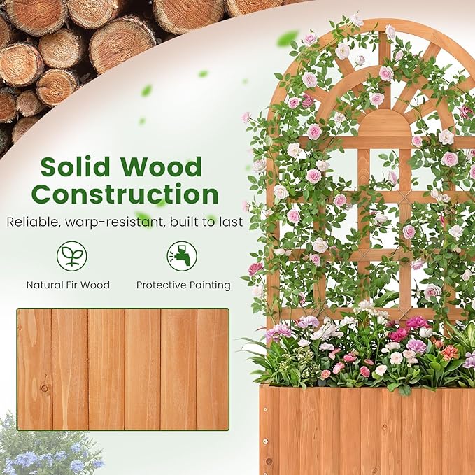 BECOMFORT 48”H Raised Garden Bed with Arched Trellis Fir Wood Planter Box with Privacy Screen &amp Drainage Holes for Balcony Yard Elevated Outdoor Flower Box for Climbing Plants Vegetables &amp