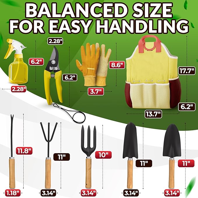 Compact Gardening Tool Set of 9 - Mini Garden Kit for Women with Multiple Pockets Rust-Proof Steel Planting Tools for Gardeners - Portable Garden Tool Bag Outdoor and Indoor Gardening Kit for Women