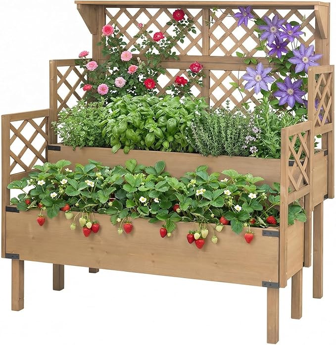 Raised Garden Bed with Trellis &amp Top Shelf Outdoor Elevated Planter Box with 2 Planting Areas Liner &amp Metal Corners for Climbing Plants Vegetables Herbs