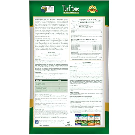 Espoma Turf-Tone All Season Organic Lawn Food with Iron &amp Exclusive Bio-Tone Formula - Slow Release Long Lasting Feeding for All Lawns - Granular Lawn Fertilizer for All Seasons - Made in USA 28