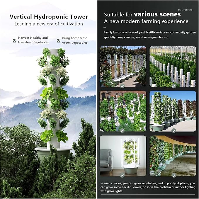 Vertical Hydroponics Growing SystemIndoor Outdoor Self-Watering Hydroponic Tower Garden Planter Tower with Pump for Herbs Fruits and Vegetables(20.8 Dx64.9 H 9 Tier)