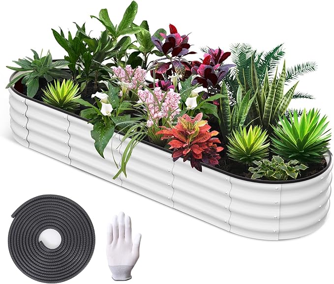 IDEALHOUSE Galvanized Raised Garden Bed 8x2x1 Ft Raised Garden Bed Metal Planter Box for Flowers Herbs Vegetables Rust-Resistant Raised Garden Beds for Gardening Easy Assembly Outdoor Gard Beige