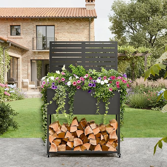 Raised Garden Bed with Trellis Metal Raised Planter Box with Trellis Privacy Planters for Patio Raised Garden Beds Outdoor Standing with Drainage Holes Wheels Black