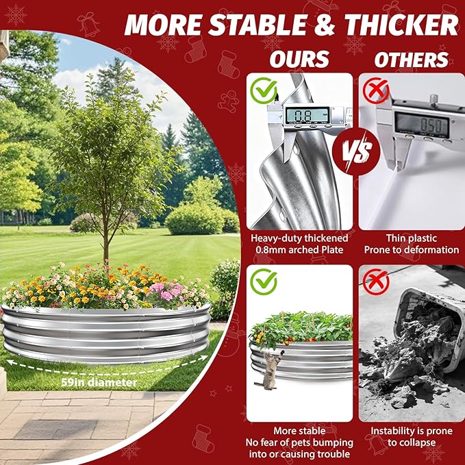 12 Inch Tall Heavy-Duty Round Steel Rised Garden Bed – Wave-Shaped Design Galvanized Metal Planter Box for Vegetables Flowers Succulent at Patio/Garden Outdoor (Silver 60 Diameter)