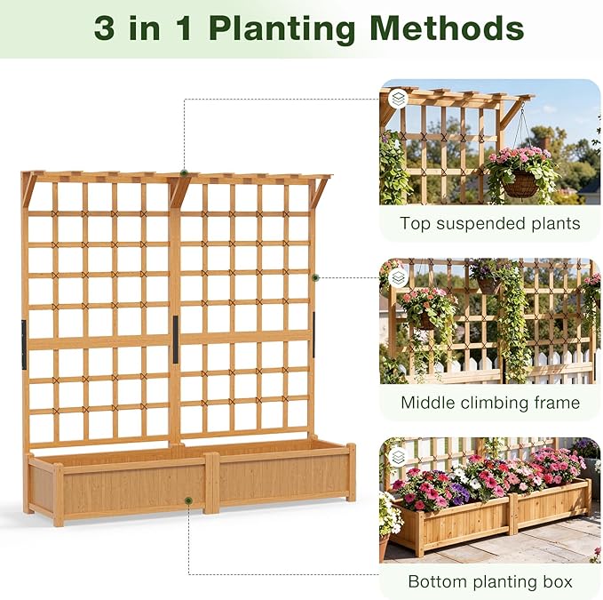 Aoxun 144 Raised Garden Bed with Trellis Wood Planter Container with Hanging Roof &amp Garden Boxes for Climbing Plants Flowers Vine (4 piece)