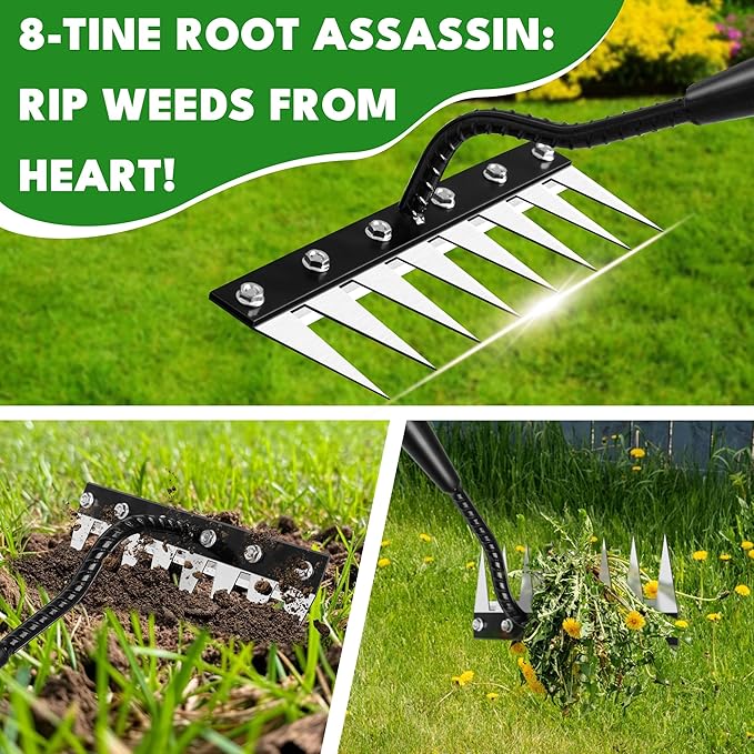 Iron Weeding Rake with Handle 2.0 Upgraded 8 Teeths Garden Weed Puller Tool Heavy Duty Gardening Tool for Lawn Flower Beds &amp Soil Aeration