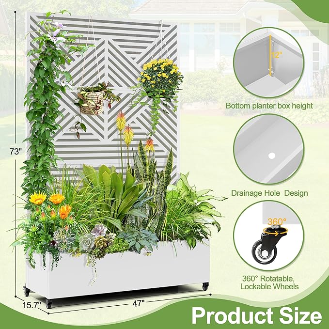 Raised Garden Bed with Trellis and Wheels73x47x16 Metal Raised Garden BedWhite Diamond Metal Planter with Climbing Trellis for Vines &amp Vegetables