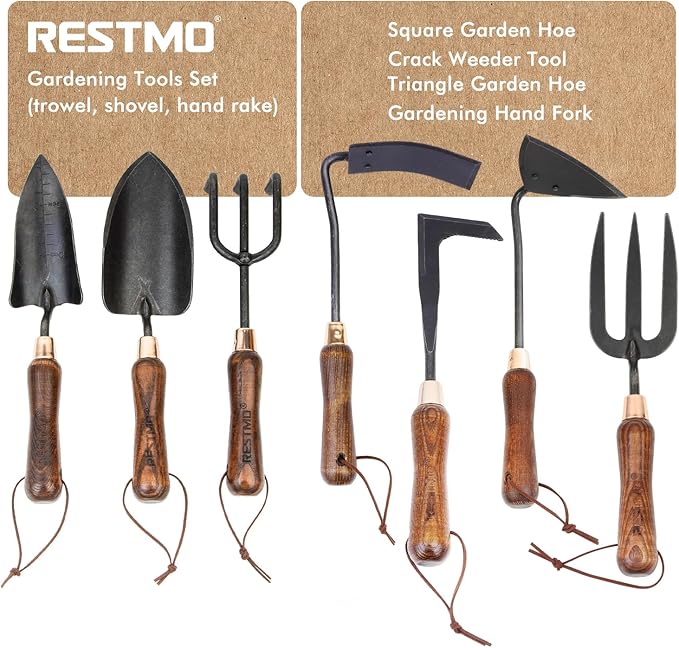 RESTMO Gardening Tools Bundle: Heavy Duty Gardening Tools Kit &amp Square &amp Triangle Garden Hoe &amp Crack Weeder Tool &amp Gardening Hand Fork Premium Carbon Steel Garden Tools with Ergonomic