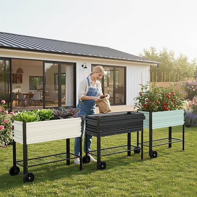 WORKPRO Galvanized Raised Garden Bed with Legs &amp Wheels 37x14.6x31.6in 400LB Capacity Elevated Planter Box for Garden Backyard Patio &amp Deck Black