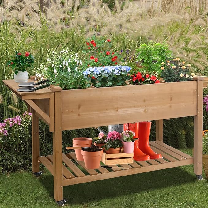Raised Garden BedHerb Garden Planter Outdoor with Lockable Wheels Storage Shelf Protective Liner for Herbs Vegetables FlowersOutdoor Patio Deck Balcony55.5x24x32 in
