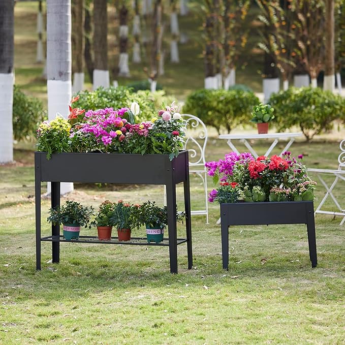 Raised Garden Bed Elevated Planter Black Metal Plant Box with Legs Standing Garden Stand Drainage Holes Black