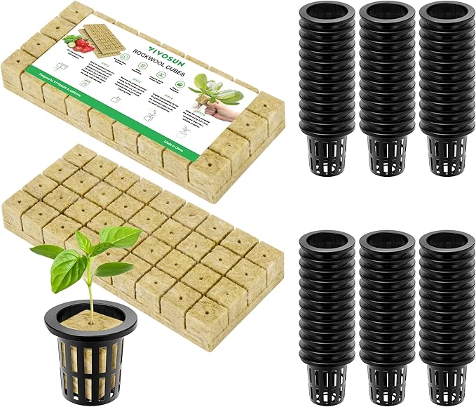 VIVOSUN 72 Rockwool Cubes &amp Net Pots Set for Hydroponics 1.2” x 1.2” x 1.6” Cubes 72 Plugs &amp 72 2” Net Cups for Hydroponic Growing Seed-Starting Cloning Tower Gardens