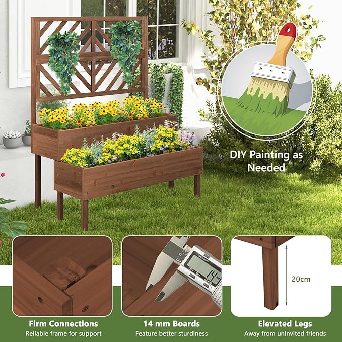 Giantex Raised Garden Bed with Trellis 2-Tier Standing Planter Box with Legs and Drain Holes Outdoor Elevated Garden Trellis for Vine Climbing Flower Vegetable Fruit Herb Growing Coffee Brown