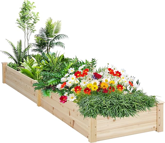 8FT Wooden Raised Garden Bed - Elevated Planter Box for Vegetables Flowers - Natural Outdoor Planting Kit for Patio Yard Backyard