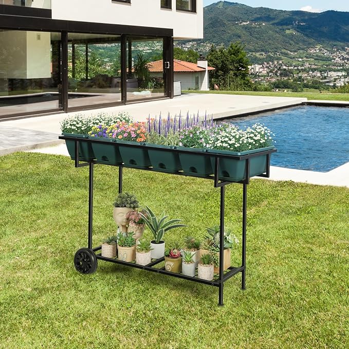 Vrisa Raised Garden Bed with Legs 43x17x29 in Plastic Elevated Planter Box Outdoor with Storage Shelf and Wheels Vegetables Herbs Flowers Standing Garden Beds for Backyard Patio Balcony Green