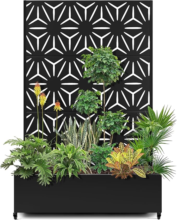 15.7×70.9×47.2 Metal Raised Garden Bed with Trellis and Wheels - Tall Trellis Planter Box for Climbing Plants Vegetables &amp Vines - Outdoor Privacy Planters for Patio (Black-Star)