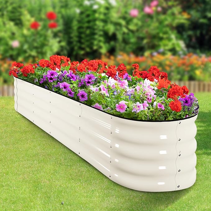 IDZO Galvanized Steel Raised Garden Beds 8x2x1.4 Ft with 7 Coating Layers 12 Shape Options Large Modular Metal Raised Garden Bed Outdoor for Vegetables Herbs Flower - Ivory