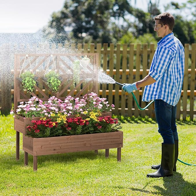 Giantex Raised Garden Bed with Trellis 2-Tier Wooden Planter Box with Legs and Drain Holes Garden Trellis for Vine Fruit Vegetable Flower Herb Outdoor Elevated Garden Bed (Brown)