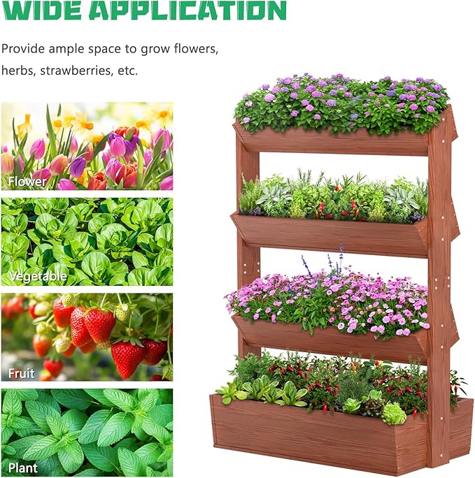 DoCred Vertical Wooden Raised Garden Bed 4 Tier Garden Planters Freestanding Wood Plant Stand Flower Rack Wooden Planter Box for Plants Herbs Flowers Vegetables Outdoor Indoor Gardening