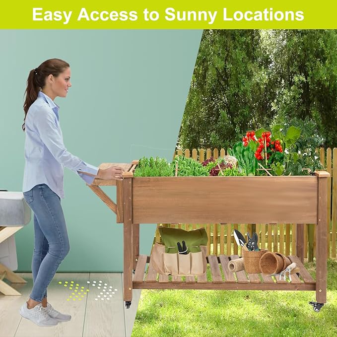 Raised Garden BedHerb Garden Planter Outdoor with Lockable Wheels Storage Shelf Protective Liner for Herbs Vegetables FlowersOutdoor Patio Deck Balcony55.5x24x32 in