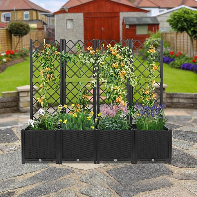 4 PCS Raised Garden Bed Planter with Trellis 56 in Large Plastic Planter Box with Drainage Hole Tomato Planters Climbing Trellis Outdoor Indoor for Climbing Plants Vegetable Flowers Vine