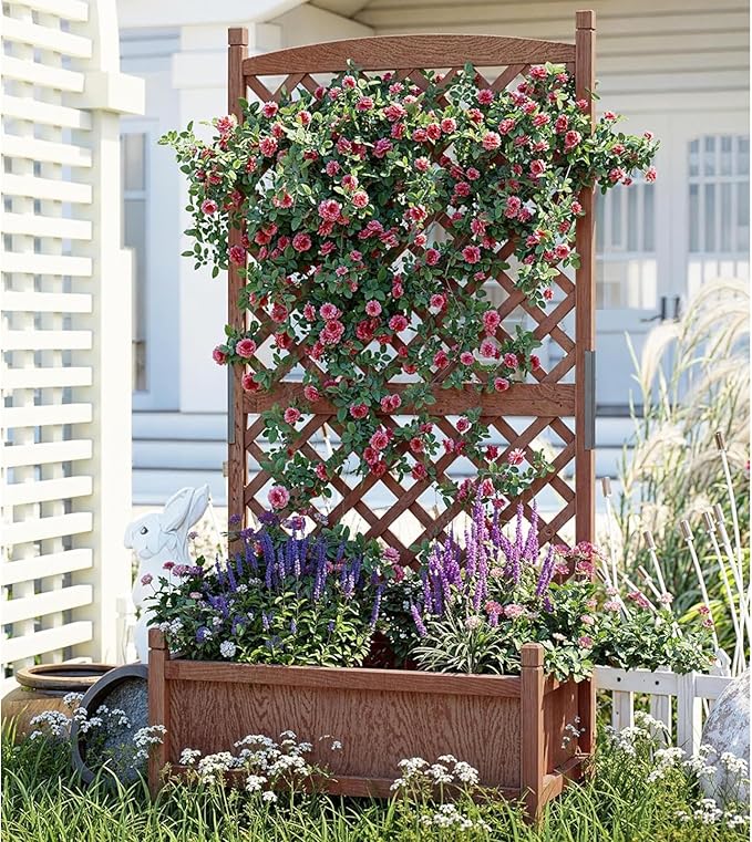 IDEALHOUS Large Raised Garden Bed with Trellis &amp Wheels 61 Wooden Mobile Planter Box with Drainage Hole Freestanding Vertical Planter for Outdoor Indoor Patio Lawn Herbs Flowers Vegetables 1 P