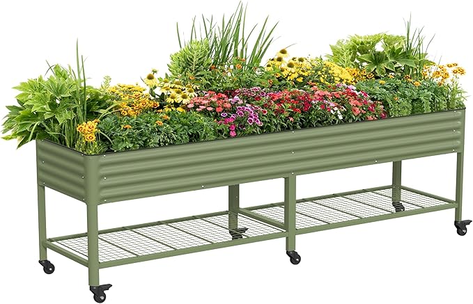 Rolling Elevated Raised Garden Bed - Jumbo Series 2.5' x 10' Outdoor Planters Boxes with Legs &amp Storage Rack for Patio 2000+ Lbs Weight Capacity Raised Beds for Gardening Herbs Flowers Olive G
