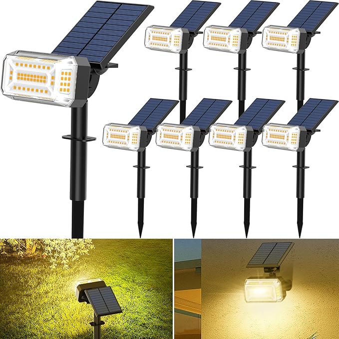 102 LED Solar Spot Lights Outdoor Waterproof IP65 Adjustable Landscape Spotlights [8 Pack/4 Modes] Auto On/Off Solar Powered Flood Lights for Outside Yard Garden Wall Pathway (Warm White)