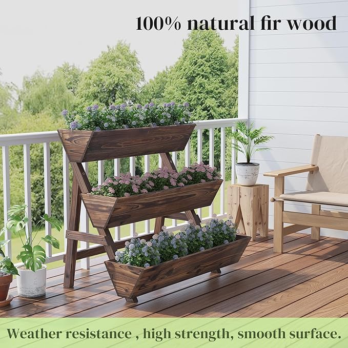 3-Tier Wooden Vertical Raised Garden Bed with Legs Tiered Planter Box Vertical Garden PlanterWood Plant Stand Wood Flower Rack for Patio Balcony Freestanding. (Carbonized-Large)