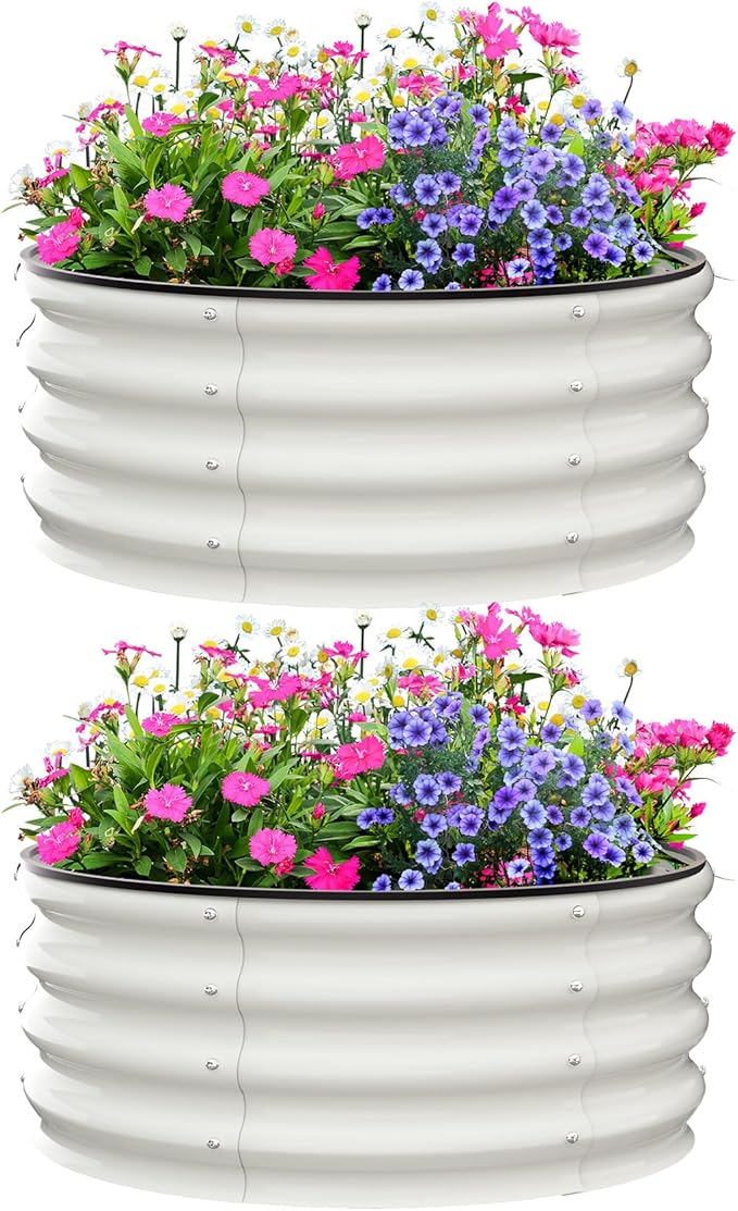 GarveeLife Raised Garden Beds Outdoor 2 Pack 2x2x1 ft Galvanized Raised Garden Bed for Gardening Round Metal Planter Box for Planting Plants Vegetables and Flower White