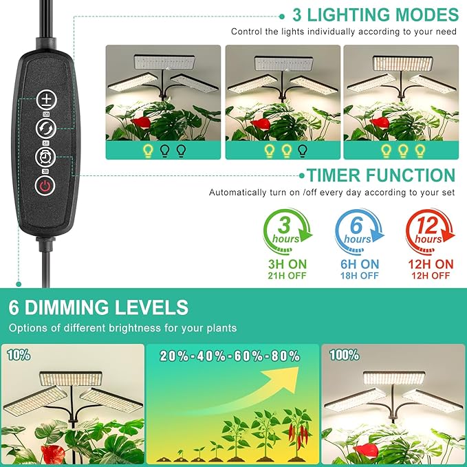 LBW Upgraded Desk Grow Lights for Indoor Plants Tri-Head 642 LEDs Tabletop Full Spectrum Grow Light with 3/6/12H Timer 6 Brightness Levels 3 Lighting Modes Height Adjustable for 10-26 inches