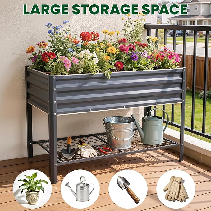 1MORE Elevated Raised Garden Bed with Legs &amp Storage Rack 48×24×32in Large Metal Raised Bed for Backyard Patio. Raised Planter Box with Drainage Holes for Plants Vegetables Flowers Fruits(Grey-1