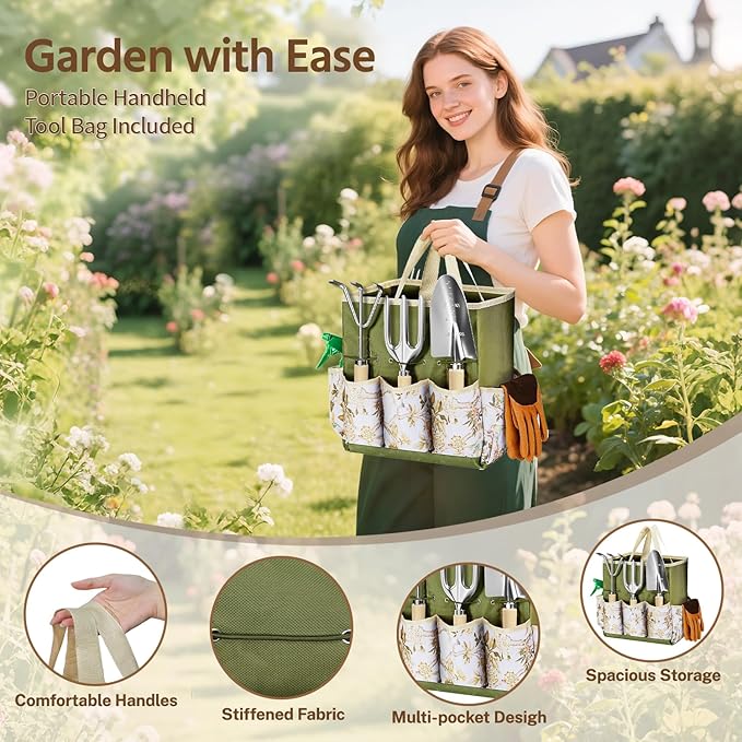 LASZOLA 9 Pcs Garden Tools Set with Tote Bag and Hand Trowel Rake Shovel Heavy Duty Stainless Steel Gardening Kit for Outdoor Plant Standable Portable Handbag Organizer Ideal for Women Mom Green