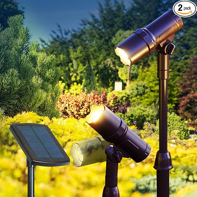 Outdoor Solar Spotlight 2 Pack with 15 Panel - Waterproof LED Easy to Install Adjustable Height Outdoor Solar Lights for Yard Garden Patio Trees - Solar Landscape Lights &amp Accent