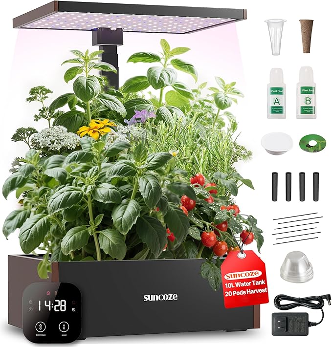 SUNCOZE 20 Pods Hydroponics Growing System Kit Indoor Herb Garden with 30W LED Grow Light 10L Large Water Tank Up to 25 Height Plants Germination Kit with Quiet Pump Black