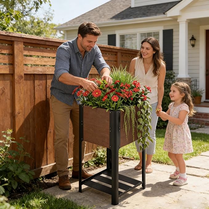 PeakPursuit All-Weather Elevated Garden Bed with Storage Shelf HDPE Wood Grain Planter Box &amp Sturdy Black Aluminum Frame for Vegetables Herbs on Patio Balcony19 l x 33 h