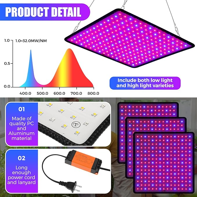 Liliful 4 Pcs Grow Lights Panel 200W Artificial Full Spectrum Grow Lamps with 225 LEDs for Indoor Outdoor Seedling Tent Flowe(Red Blue)