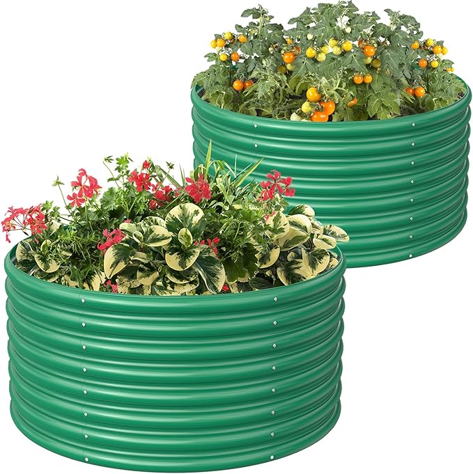 FRIZIONE 2-Pack 3FT(D) x2FT(H) Round Raised Garden Bed Outdoor Raised Garden Beds for Flower Raised Planter Box Outdoor for Herb Vegetable-Dark Green