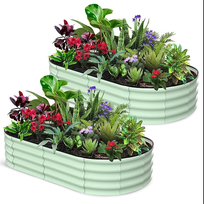 IDEALHOUSE 2 Pcs Galvanized Raised Garden Bed Outdoor6x3x1Ft Oval Planter Garden BoxesDurable Metal Vegetable Plant Container Kit for Gardening VegetablesFruitsFlowersTool-Free Asse(Olive Green)