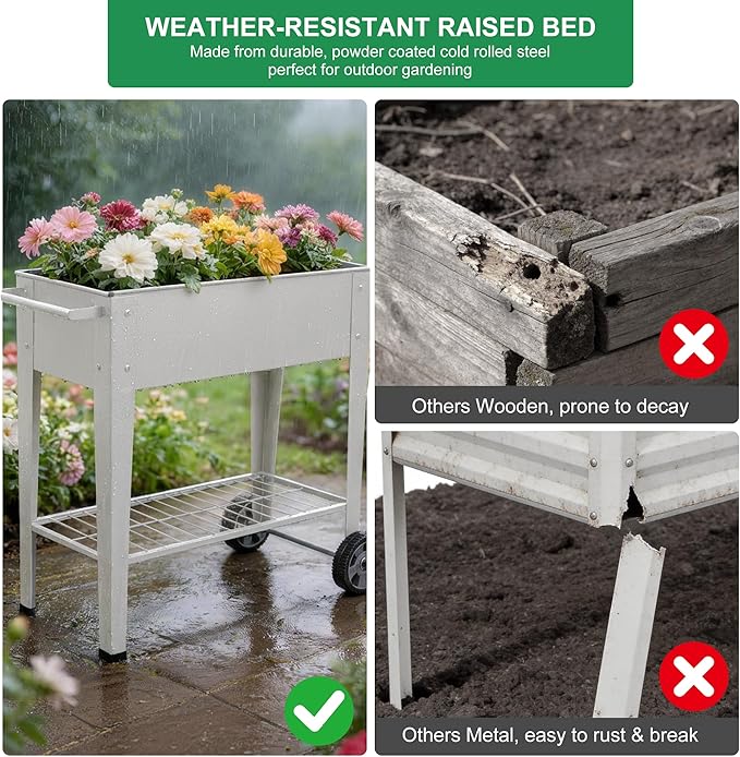 Elevated 32 Tall Raised Garden Bed with Legs and Wheels for Mobility Metal Planter Boxes Outdoor with Shelf Raised Bed for Gardening Vegetables/Herbs Backyard Patio Balcony Grey