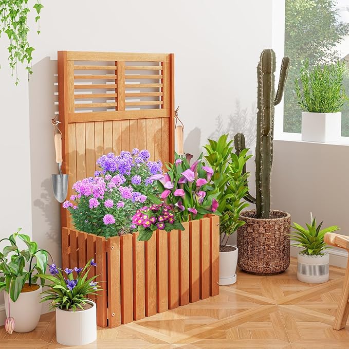 HAPPYGRILL Raised Garden Bed Wooden Planter w/Trellis &amp Privacy Screen for Hanging Pot Plants Outdoor Elevated Planter Box w/Slatted Bottom &amp 2 Side Hooks for Balcony Patio Garden (2)