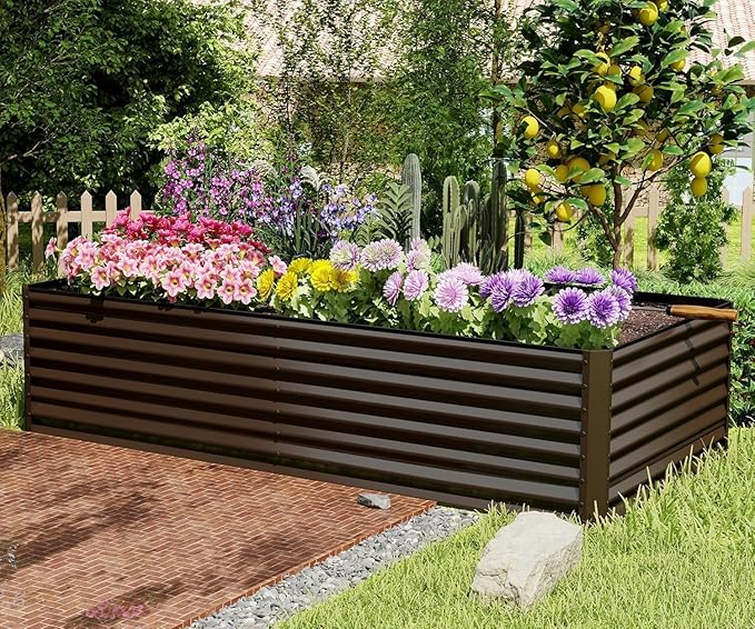 8×4×2 ft Galvanized Raised Garden Bed Outdoor Planter GBoxes Large Metal Planter Box for Gardening Vegetables Fruits Flowers Brown