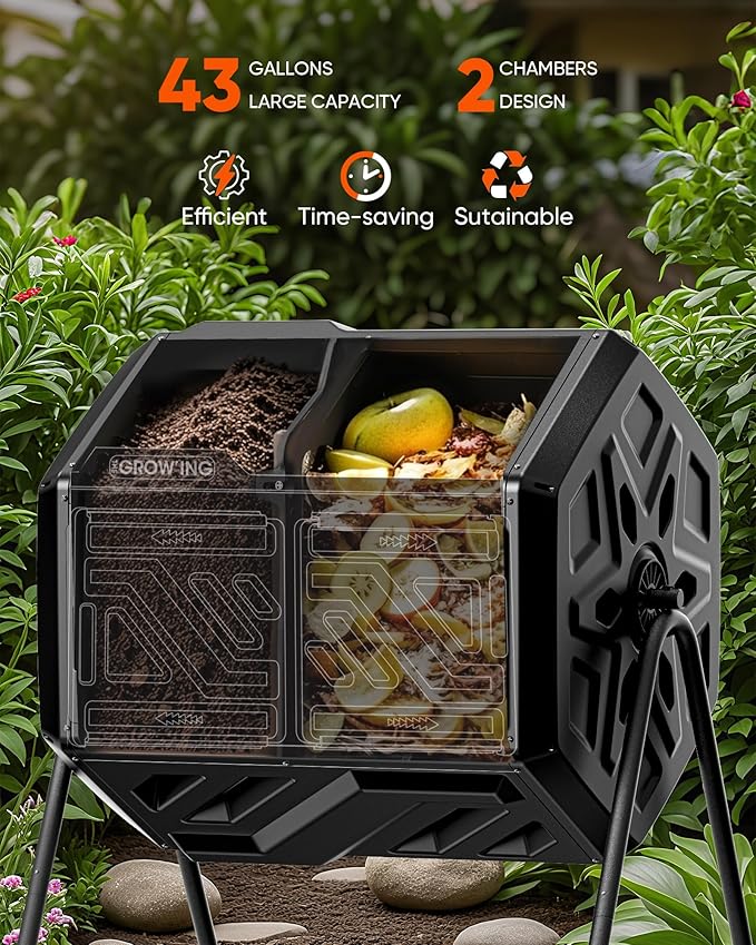 THEGROW'ING Updated 43 Gallon Compost Bin Outdoor Fast Assemble Tumbling Composter Dual Chamber Composter Tumbler Rotating Compost Bin for Outside Backyard Garden and Yard Black
